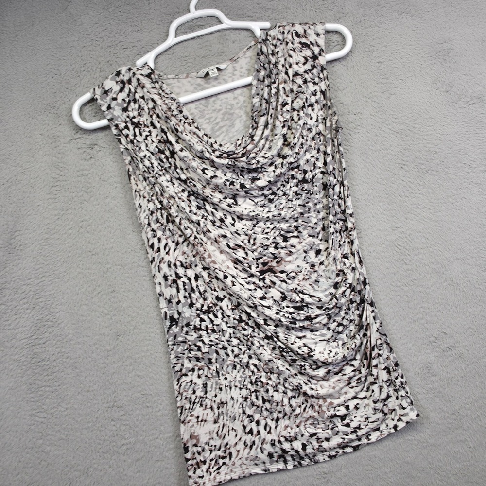 CAbi Top Womens S Gray White Lana Draped‎ Cowl Neck Ruched Animal Print Preppy